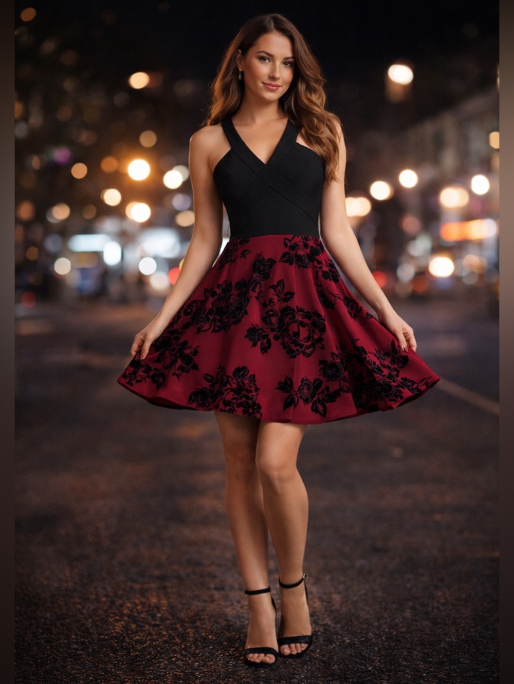 Black & Burgundy Skater Dress | Open Back Strappy | Party / Homecoming | Size 9
